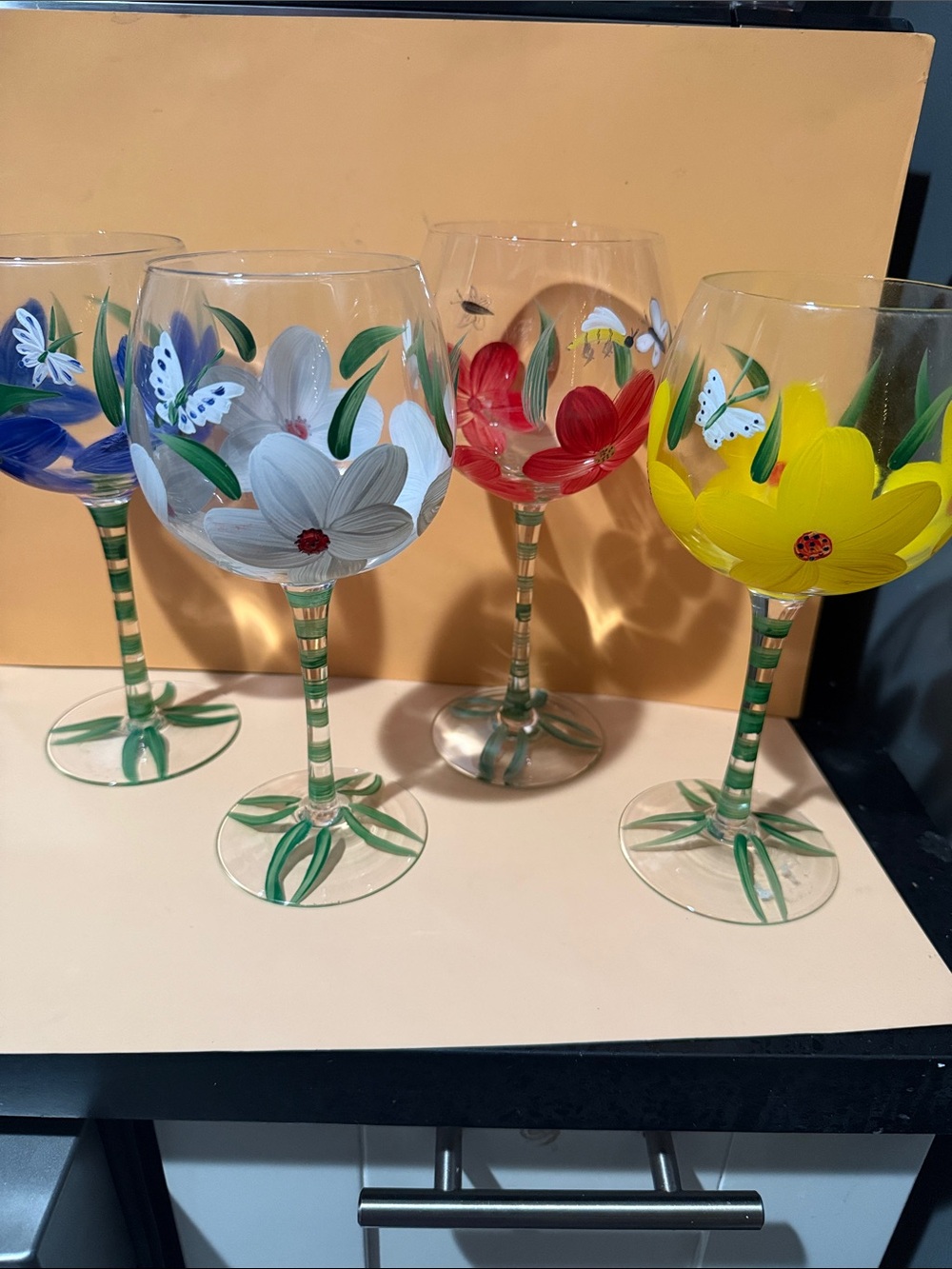 Hand-Painted Floral Wine Glasses Set - Yellow, Red, Blue, White